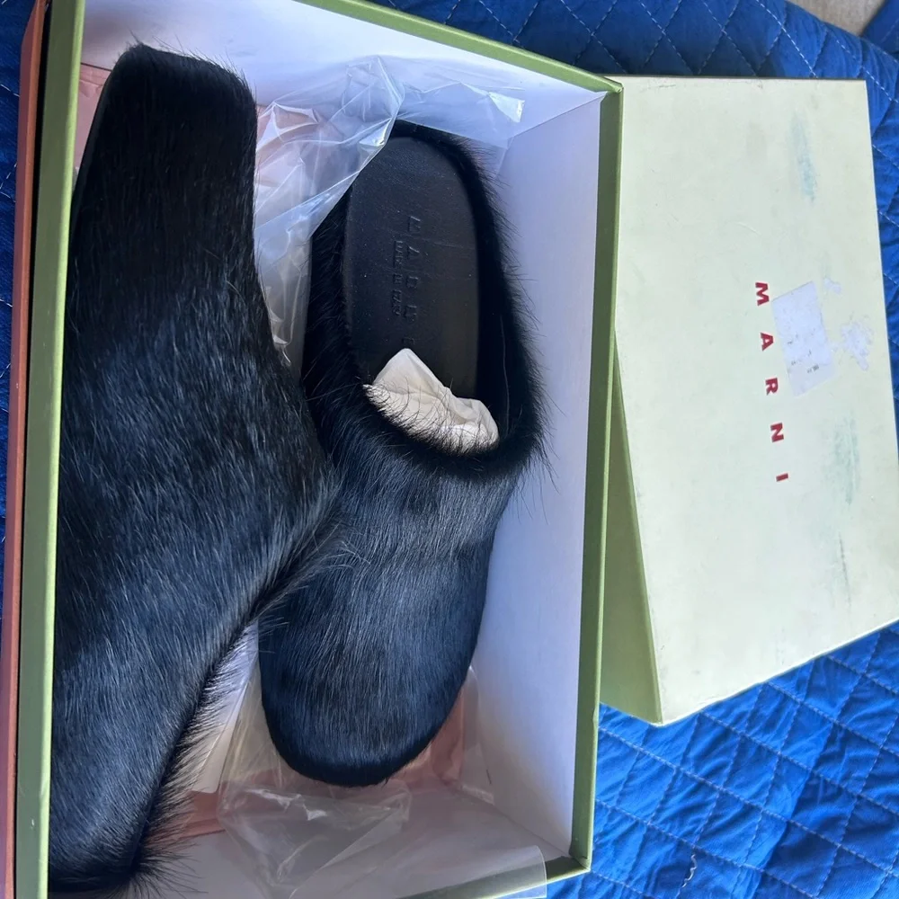 Marni Black Faux Fur Men's Slip-On Loafers